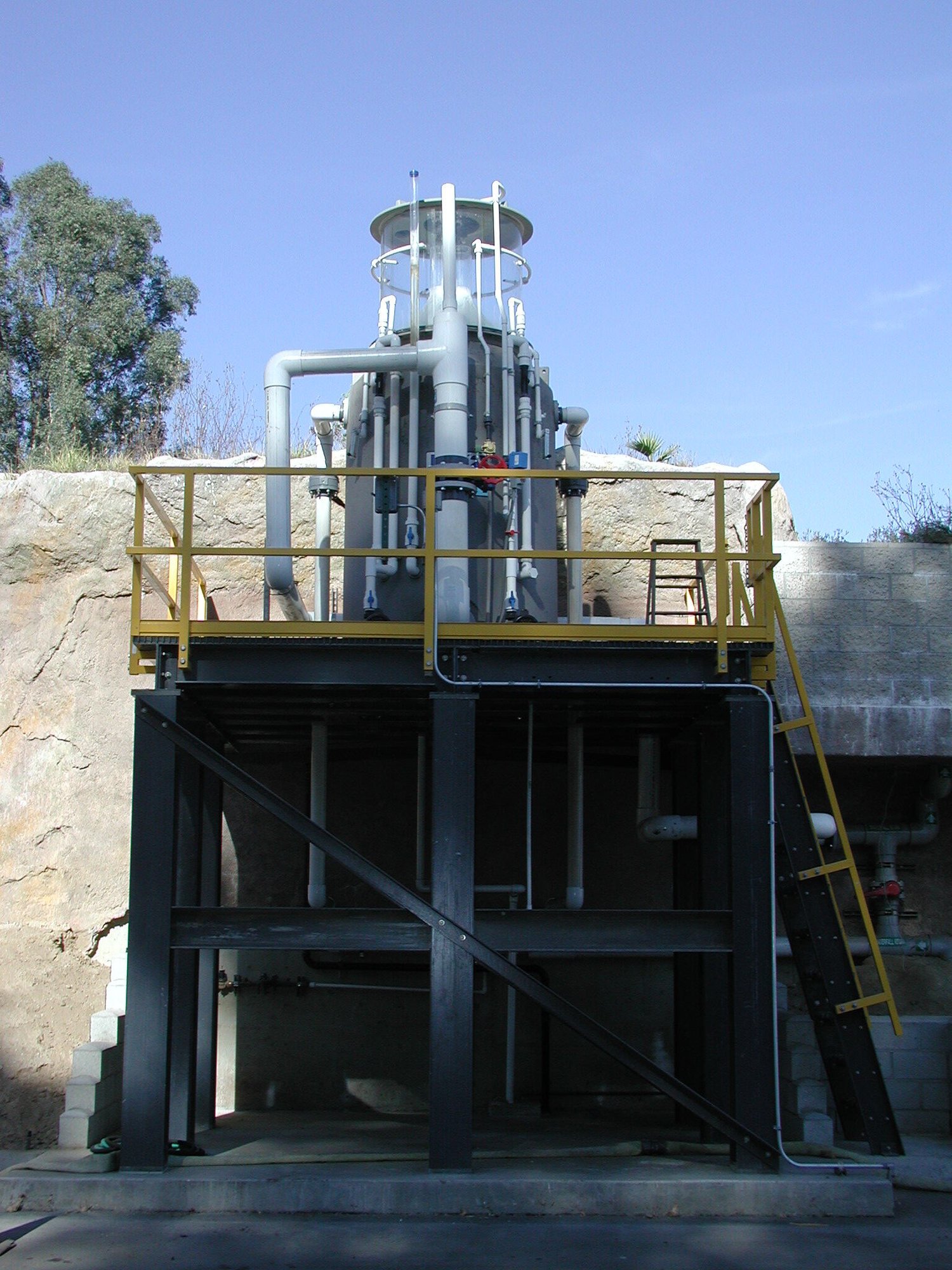 structural shapes, dark gray dynarail, yellow guardrail, molded grating, Los Angeles zoo tank platform